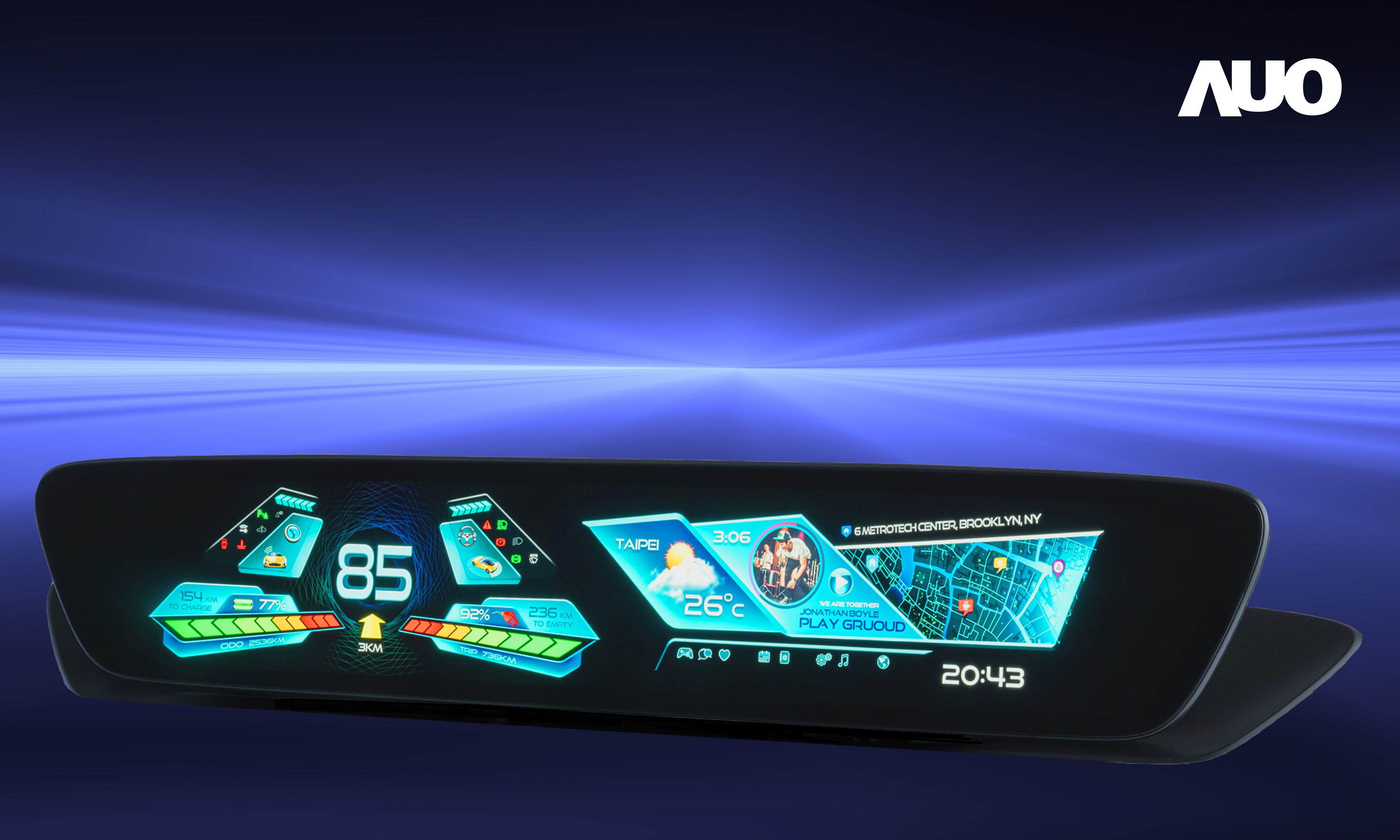 友達30.4吋異形曲面AmLED車載顯示系統，為一兼具儀表板及中控台人機介面的創新車載顯示系統，結合美學設計，提升車內科技沉浸感及使用體驗，讓車載顯示的未來應用更加多元化