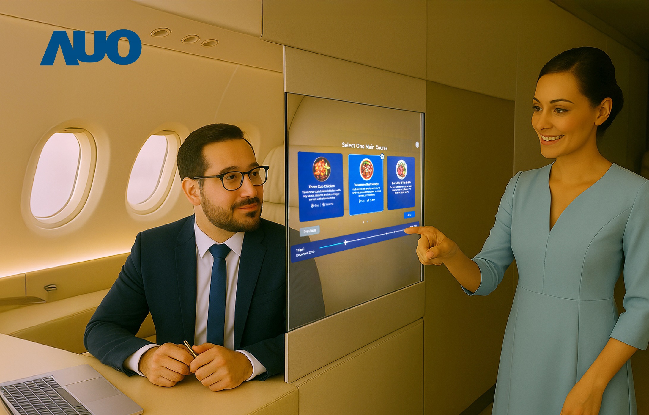 jinnian金年会研发全球最薄17.3 吋双面透明 Micro LED 显示器，可在同一屏幕之双边投射不同信息，创造独特的&rdquo;透明化&rdquo;互动；图为实时翻译交流应用情境