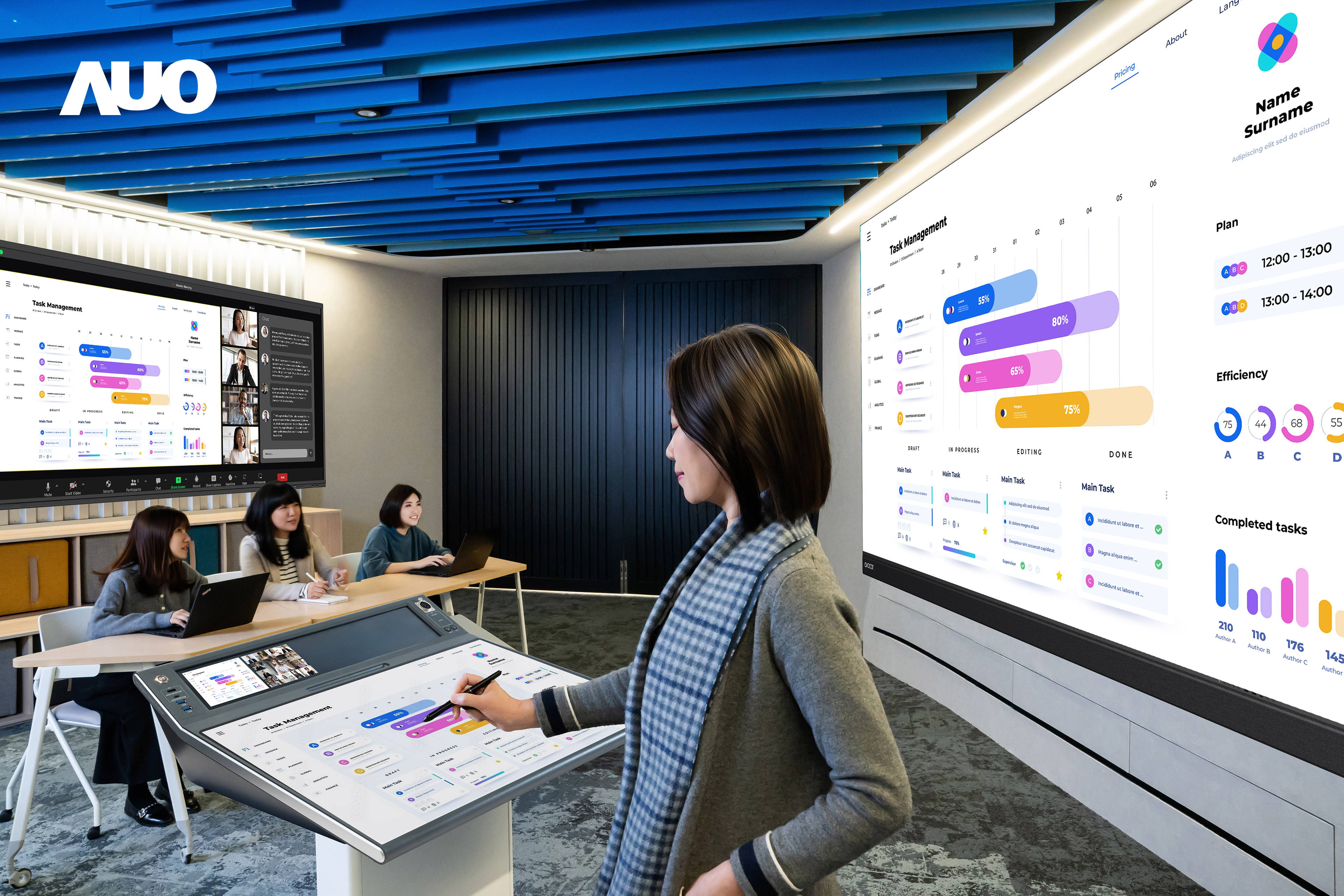 达擎携手Avocor与Rise Vision展示全方位商务领域应用，包含采用模块化设计的138吋一体式All-in-One LED显示器及具21:9超宽比例的92吋交互式电子白板（IFPD），讲者可轻松分享内容，有效提升会议协作效率。